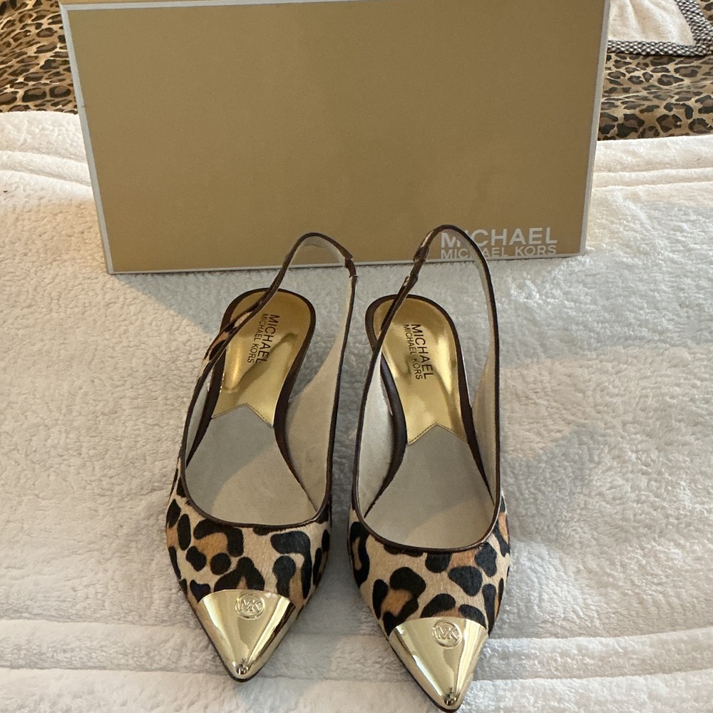 NWOT Michael Kors Leopard Print Calf Hair Kitten Heel Slingbacks - Picture 2 of 9